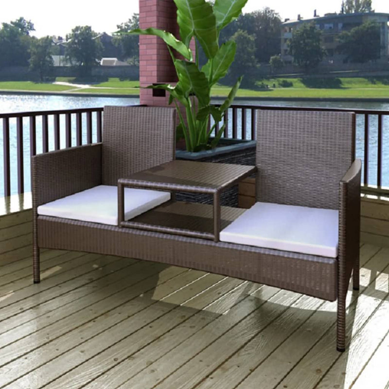 2-Seater Patio Sofa with Tea Table Poly Rattan Brown