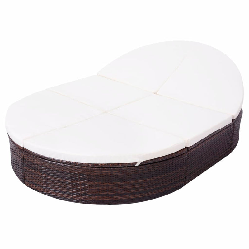 Patio Lounge Bed with Cushion Poly Rattan Brown