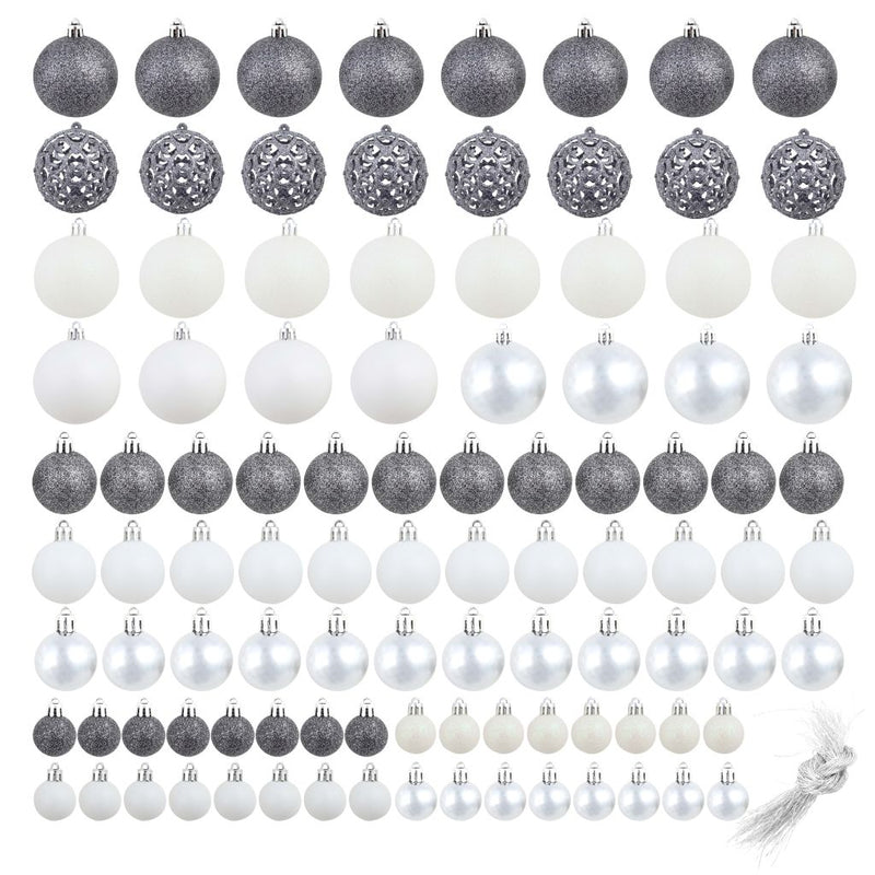 100 Piece Christmas Ball Set 1.2"/1.6"/2.4" White/Gray