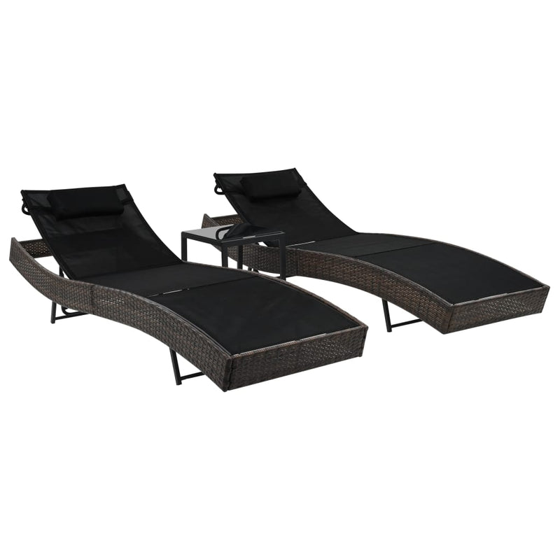 Sun Loungers 2 pcs with Table Poly Rattan and Textilene Brown