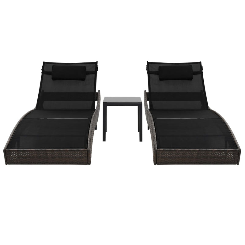 Sun Loungers 2 pcs with Table Poly Rattan and Textilene Brown