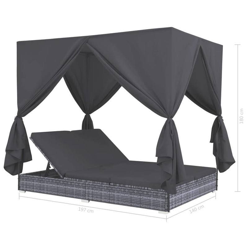 Patio Lounge Bed with Curtains Poly Rattan Gray