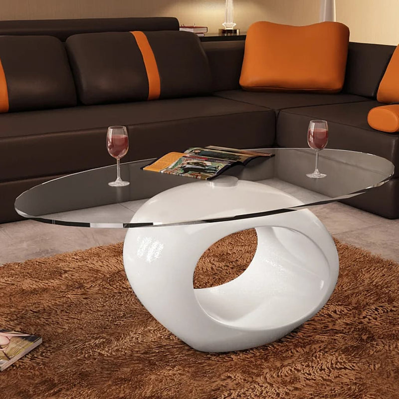 Coffee Table with Oval Glass Top High Gloss White