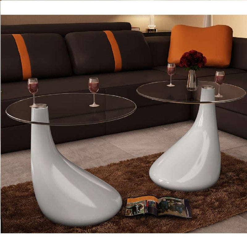 Coffee Tables 2 pcs with Round Glass Top High Gloss White