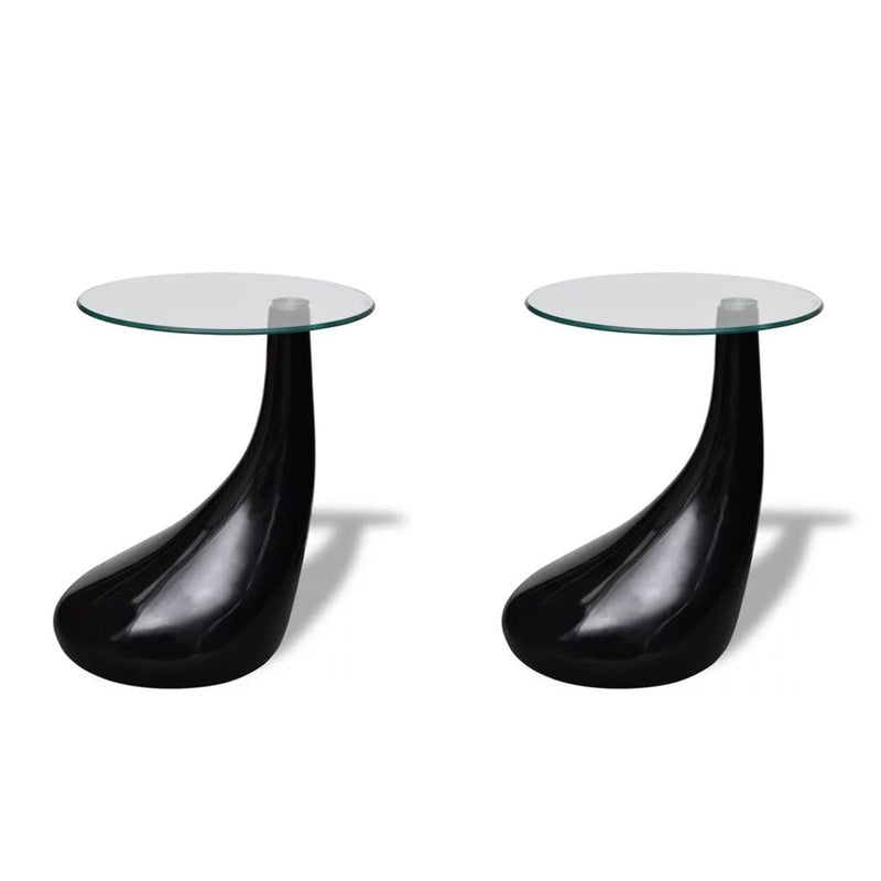 Coffee Tables 2 pcs with Round Glass Top High Gloss Black