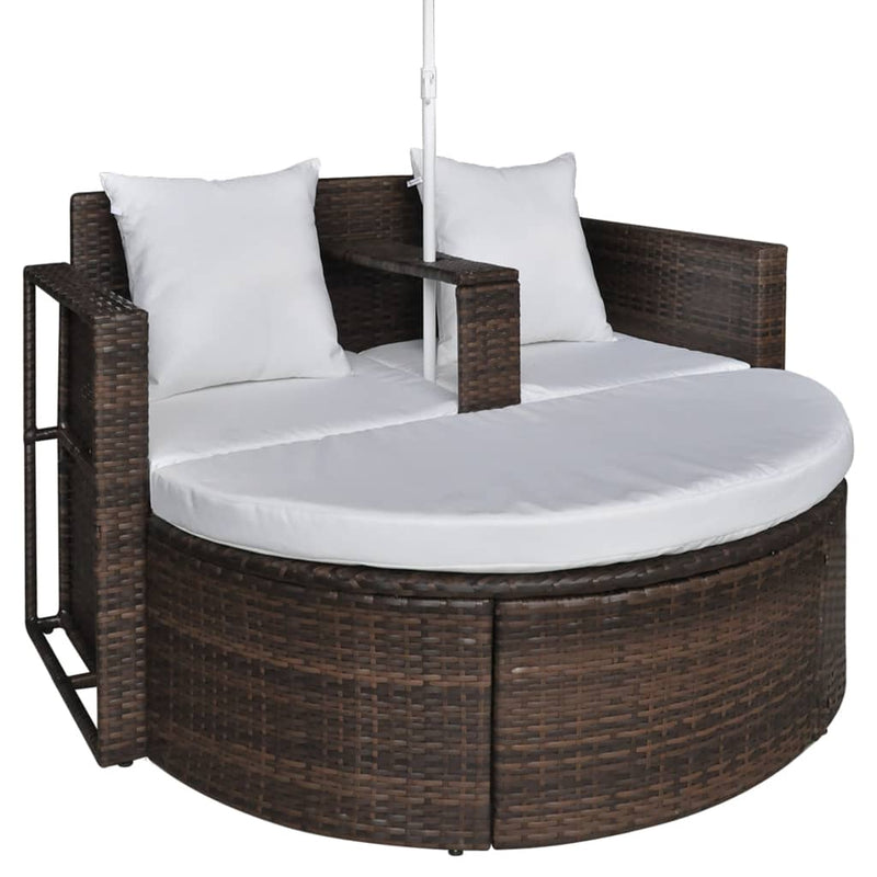 Patio Bed with Parasol Brown Poly Rattan