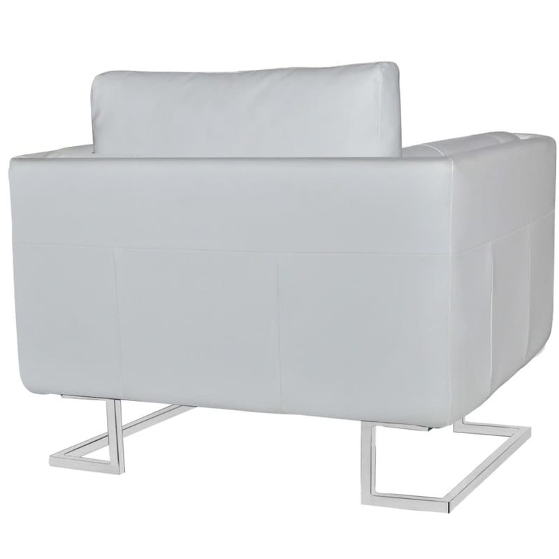 Cube Armchair with Chrome Feet White Faux Leather