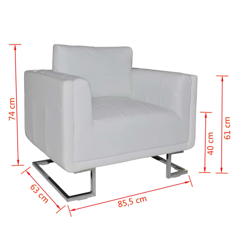 Cube Armchair with Chrome Feet White Faux Leather