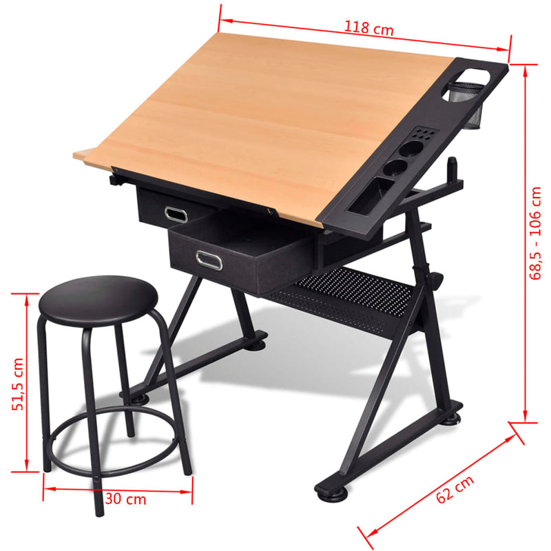 Two Drawers Tiltable Tabletop Drawing Table with Stool