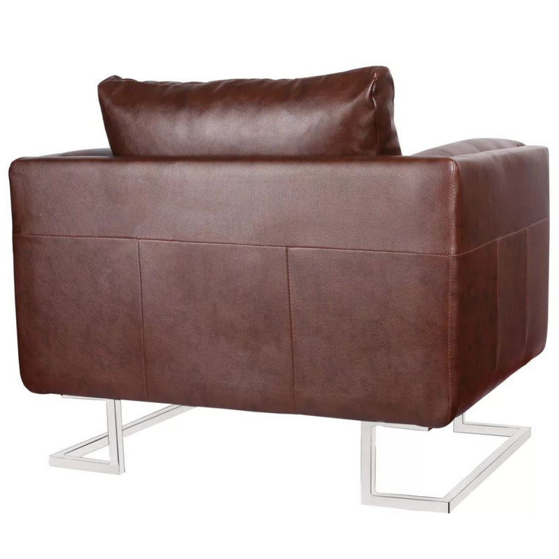 Cube Armchair with Chrome Feet Brown Leather