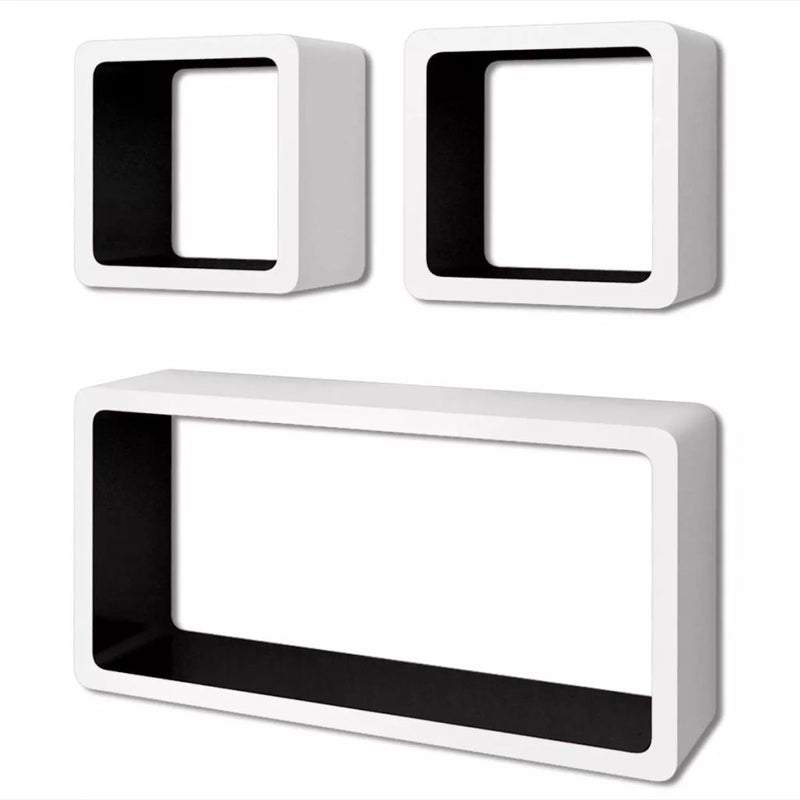 3 White-Black MDF Floating Wall Display Shelf Cubes Book/DVD Storage