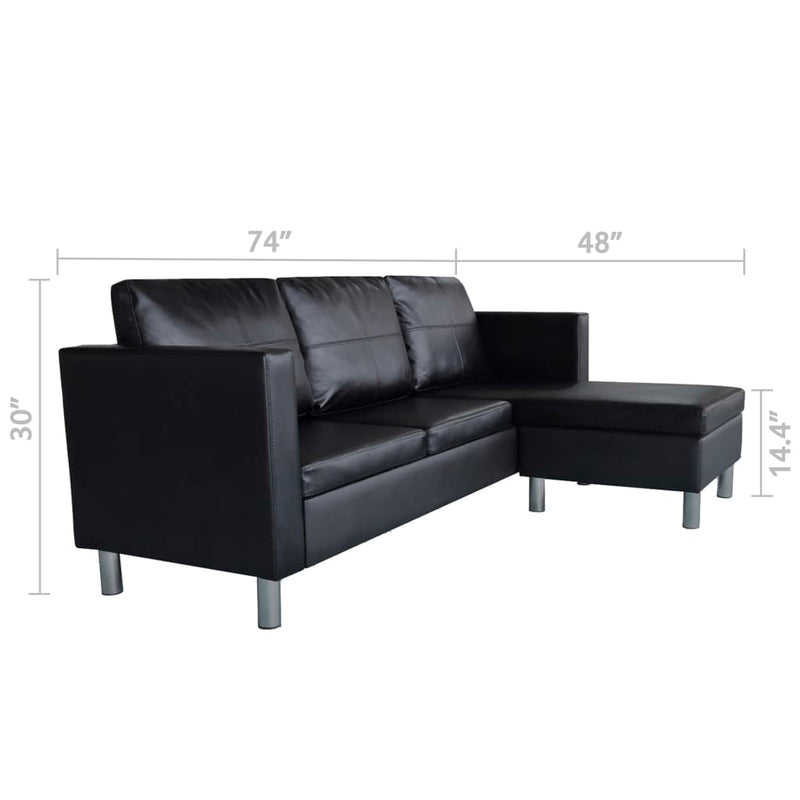 Sectional Sofa 3-Seater Artificial Leather Black
