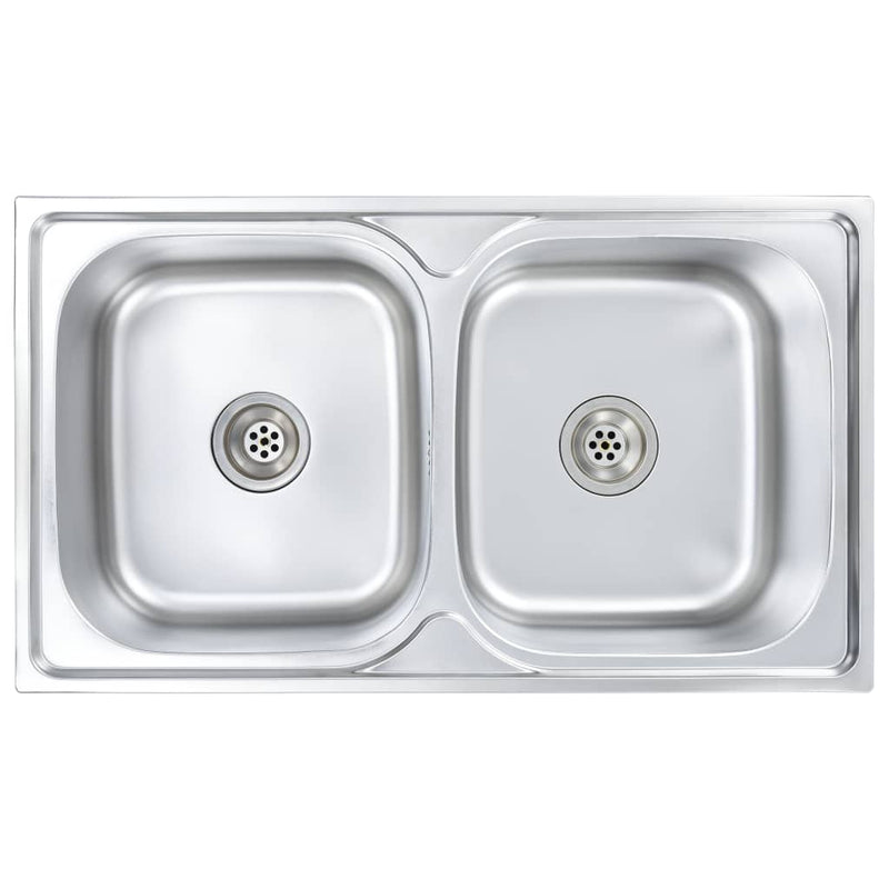 Kitchen Sink Double Basin with Strainer & Trap Stainless Steel