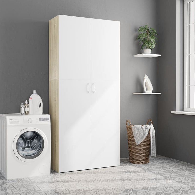 Storage Cabinet White and Sonoma Oak 31.5"x14"x70.9" Chipboard