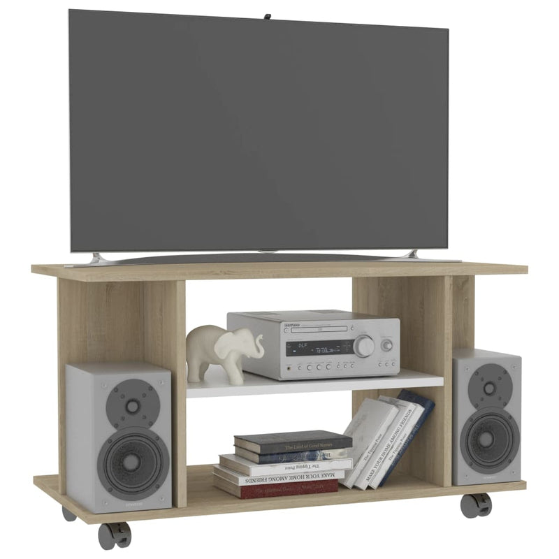 TV Cabinet with Castors White and Sonoma Oak 31.5"x15.7"x15.7" Chipboard
