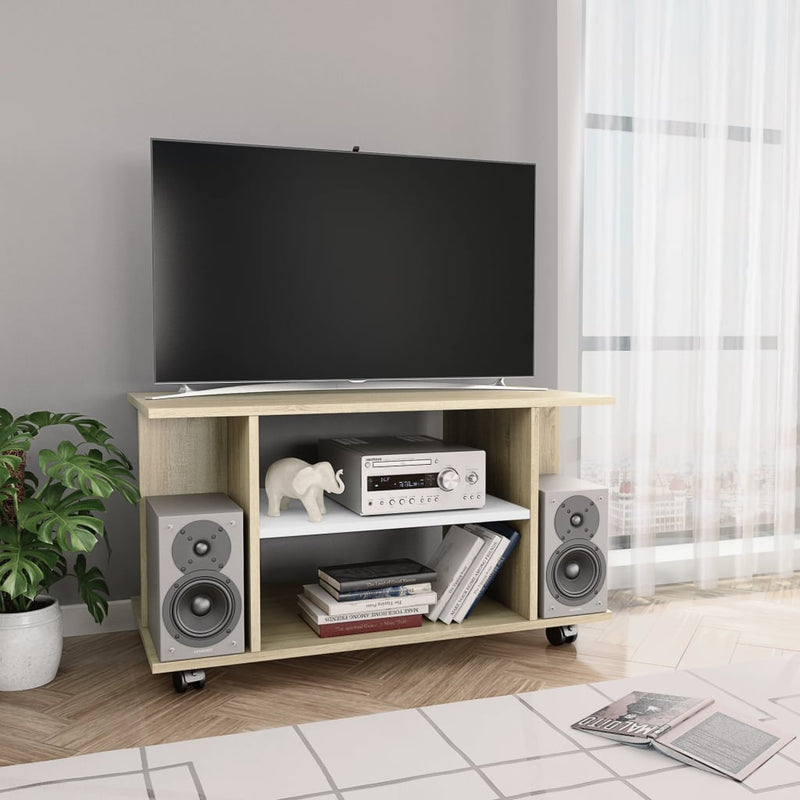 TV Cabinet with Castors White and Sonoma Oak 31.5"x15.7"x15.7" Chipboard