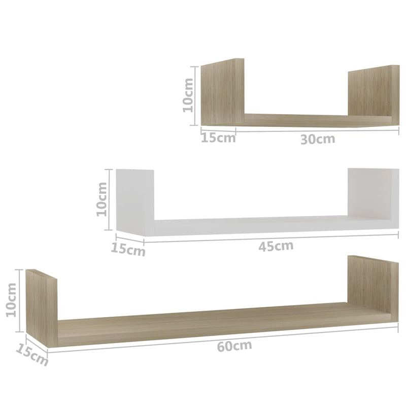 Wall Display Shelf 3 pcs White and Sonoma Oak Chipboard