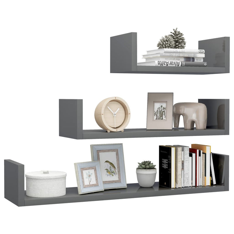 Wall Display Shelf 3 pcs High Gloss Gray Chipboard