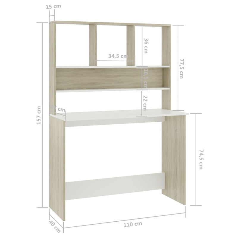 Desk with Shelves White and Sonoma Oak 43.3"x17.7"x61.8" Chipboard