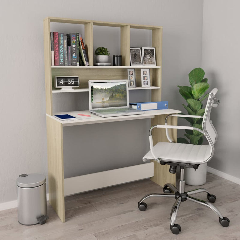 Desk with Shelves White and Sonoma Oak 43.3"x17.7"x61.8" Chipboard