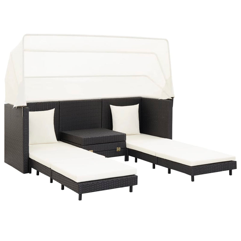 Extendable 3-Seater Sofa Bed with Roof Poly Rattan Black