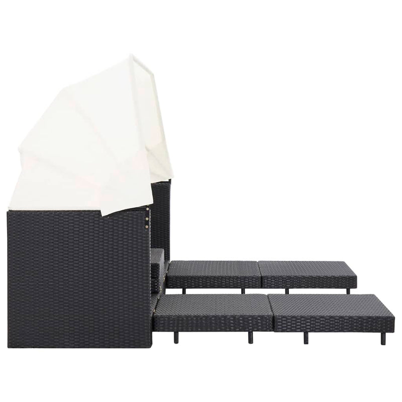 Extendable 3-Seater Sofa Bed with Roof Poly Rattan Black