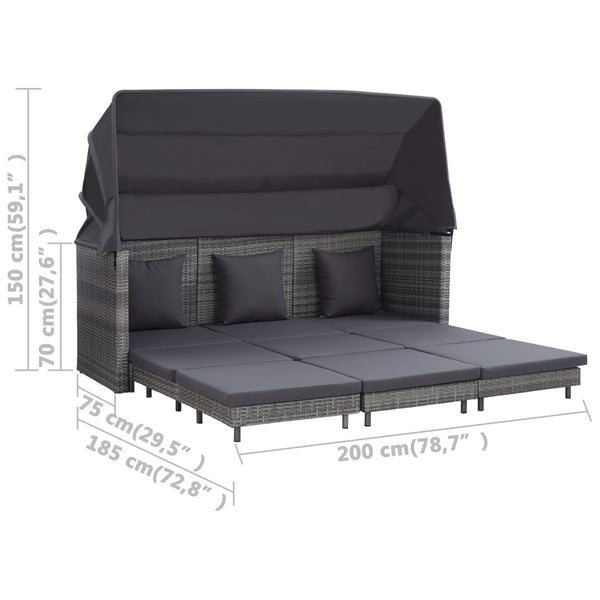 Extendable 3-Seater Sofa Bed with Roof Poly Rattan Gray