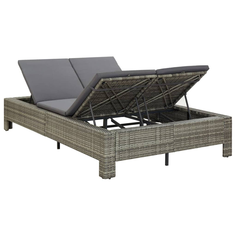 2-Person Sunbed with Cushion Gray Poly Rattan
