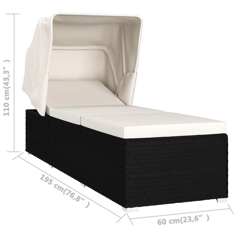 Sun Lounger with Canopy and Cushion Poly Rattan Cream White