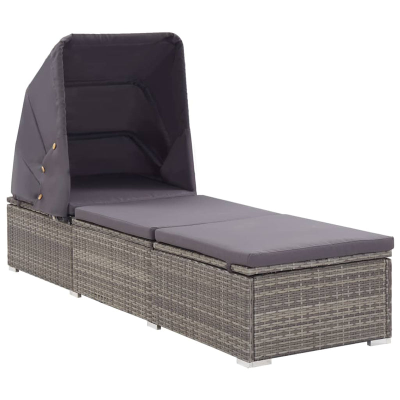 Sun Lounger with Canopy and Cushion Poly Rattan Gray