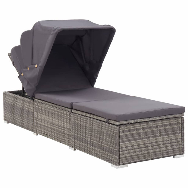 Sun Lounger with Canopy and Cushion Poly Rattan Gray