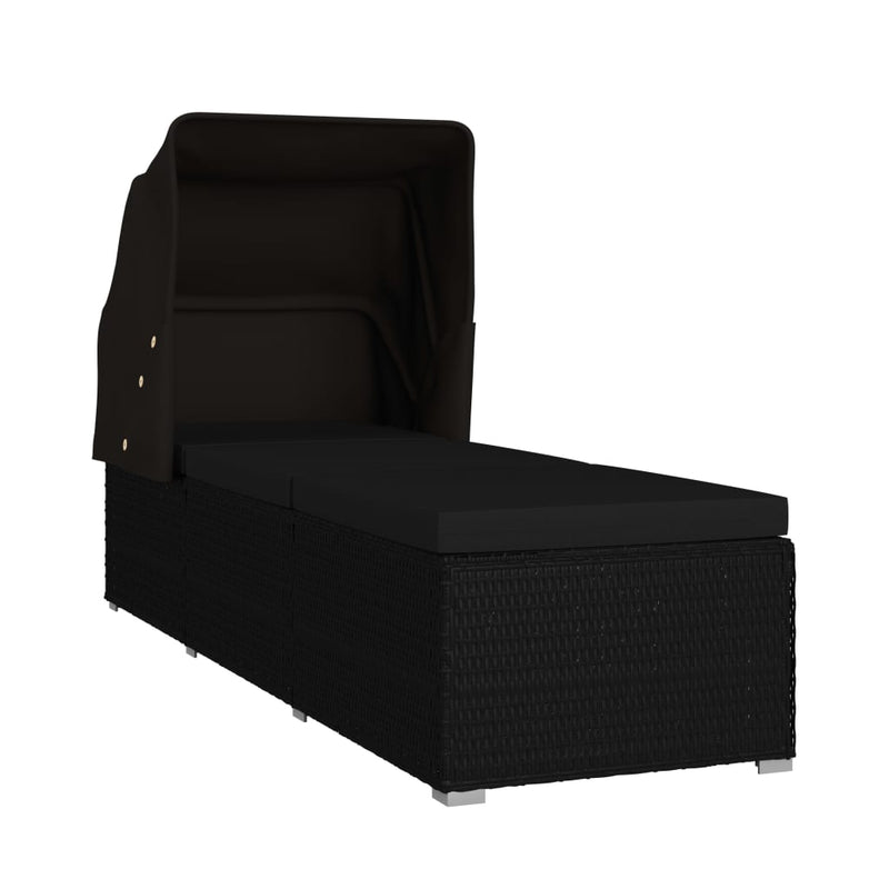 Sun Lounger with Canopy and Cushion Poly Rattan Black