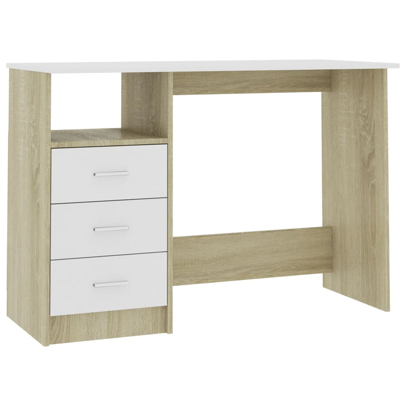 Desk with Drawers White and Sonoma Oak 43.3"x19.6"x29.9" Chipboard