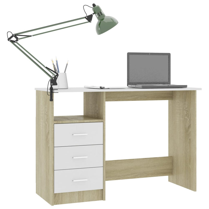 Desk with Drawers White and Sonoma Oak 43.3"x19.6"x29.9" Chipboard