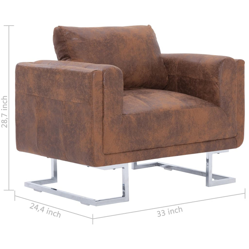 Cube Armchair Brown Faux Suede Leather