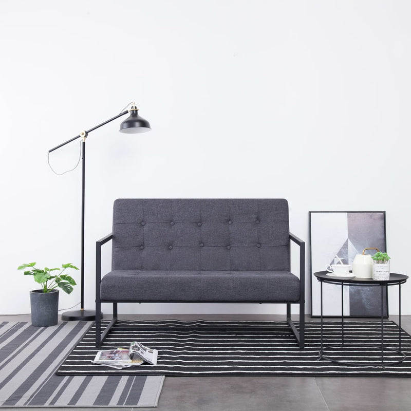 2-Seater Sofa with Armrests Dark Gray Steel and Fabric