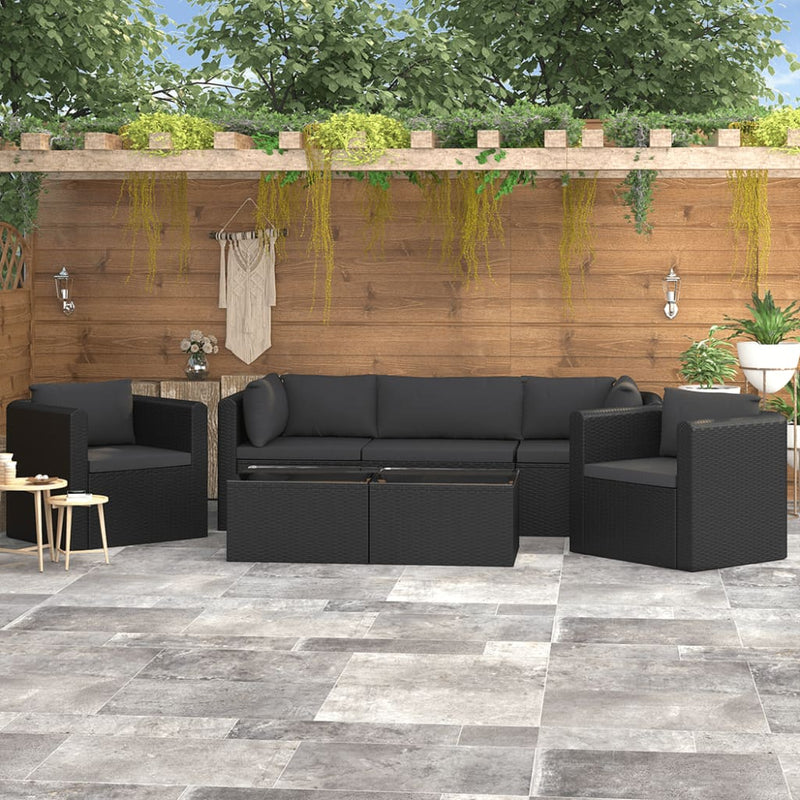 7 Piece Patio Lounge Set with Cushions Poly Rattan Black
