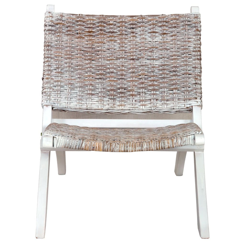 Relaxing Chair White Natural Kubu Rattan and Solid Mahogany Wood
