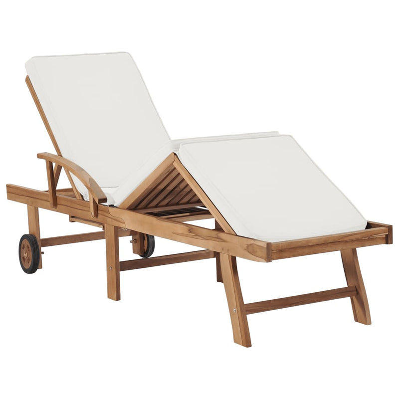 Sun Lounger with Cushion Solid Teak Wood Cream