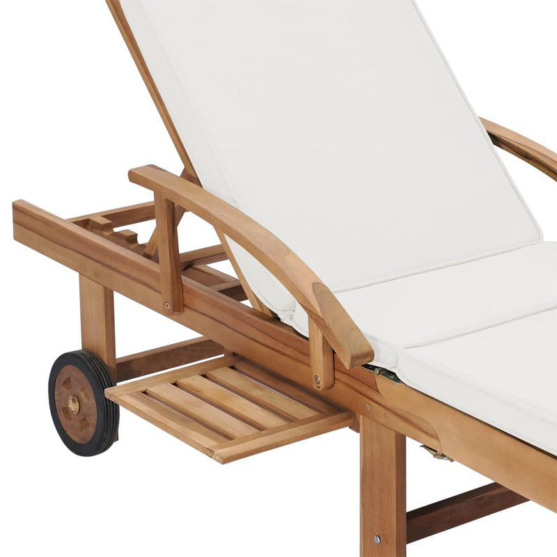 Sun Lounger with Cushion Solid Teak Wood Cream