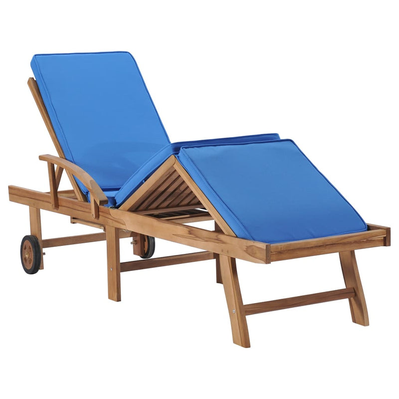 Sun Lounger with Cushion Solid Teak Wood Blue