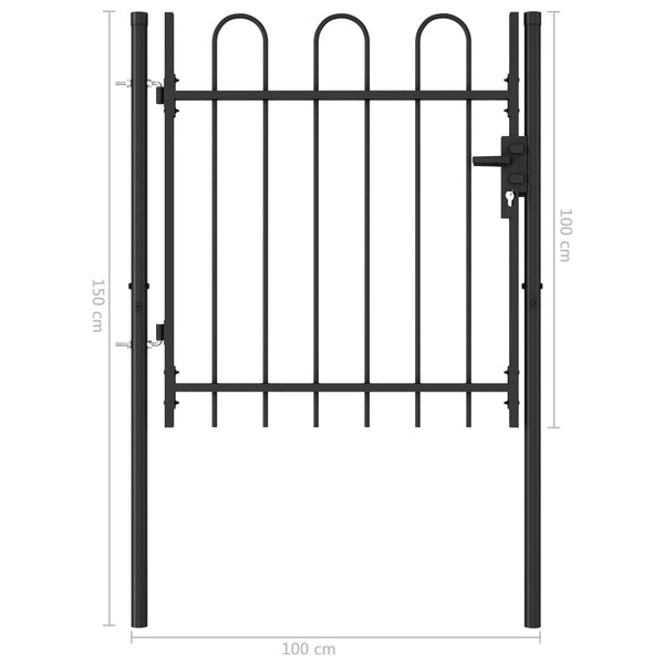 Fence Gate Single Door with Arched Top Steel 39.4"x39.4" Black