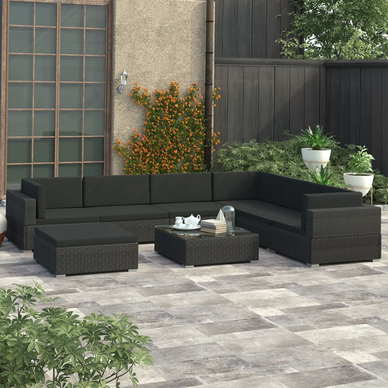 8 Piece Patio Lounge Set with Cushions Poly Rattan Black