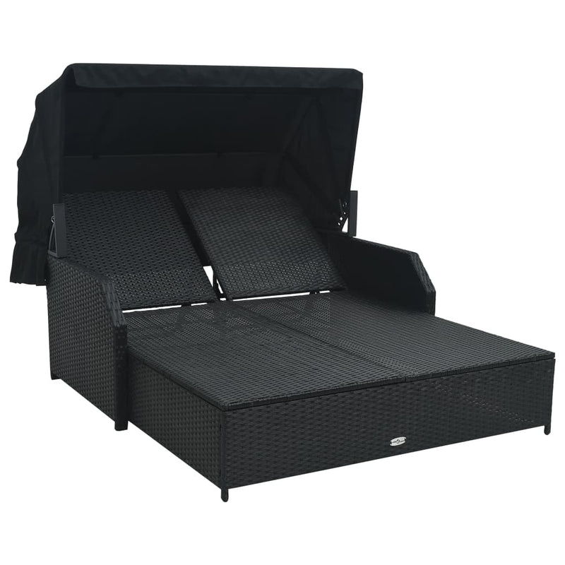2-Person Sun Lounger with Canopy Poly Rattan Black