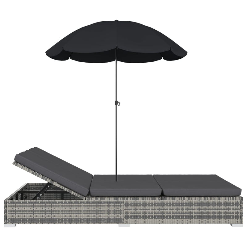 Patio Lounge Bed with Umbrella Poly Rattan Gray