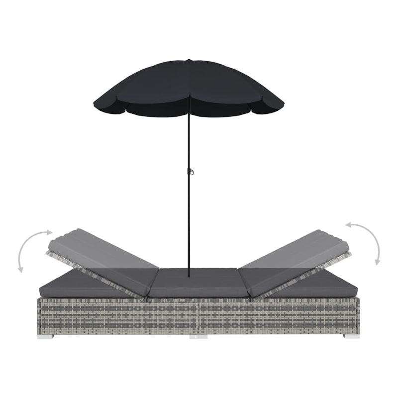 Patio Lounge Bed with Umbrella Poly Rattan Gray