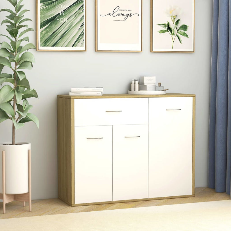 Sideboard White and Sonoma Oak 34.6"x11.8"x27.5" Chipboard