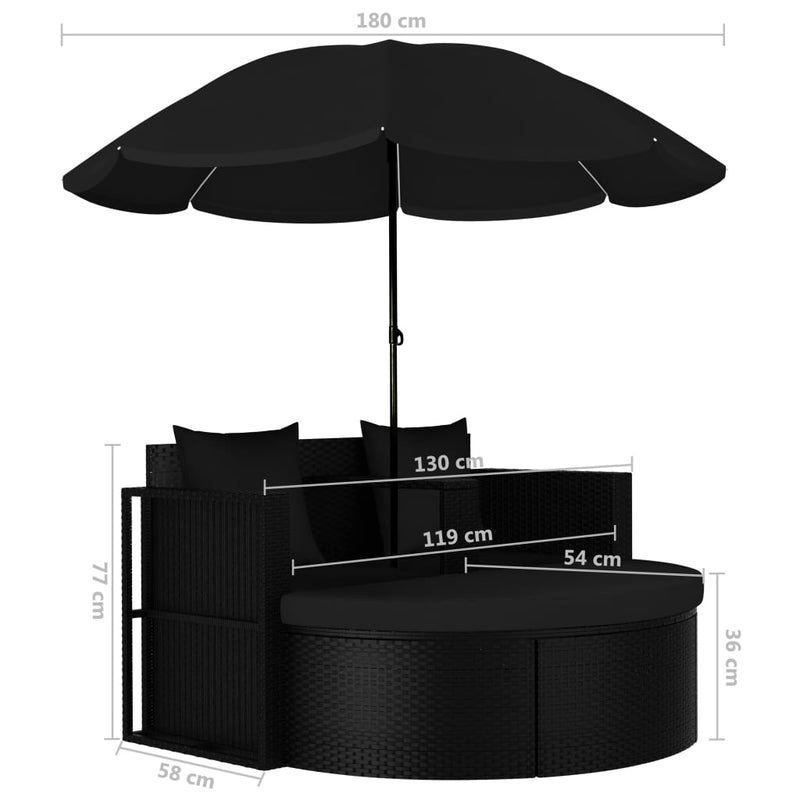 Patio Bed with Parasol Poly Rattan Black