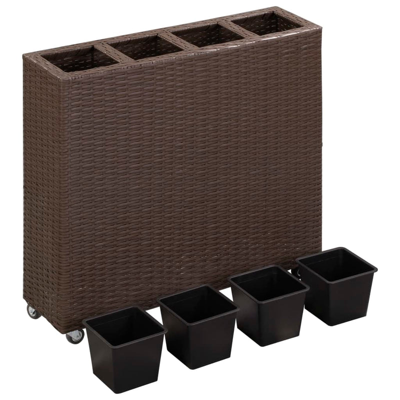 Garden Raised Bed with 4 Pots 31.5"x8.7"x31.1" Poly Rattan Brown