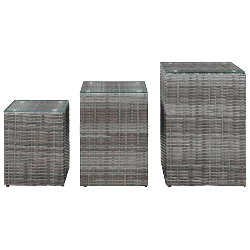 Side Tables 3 pcs with Glass Top Gray Poly Rattan